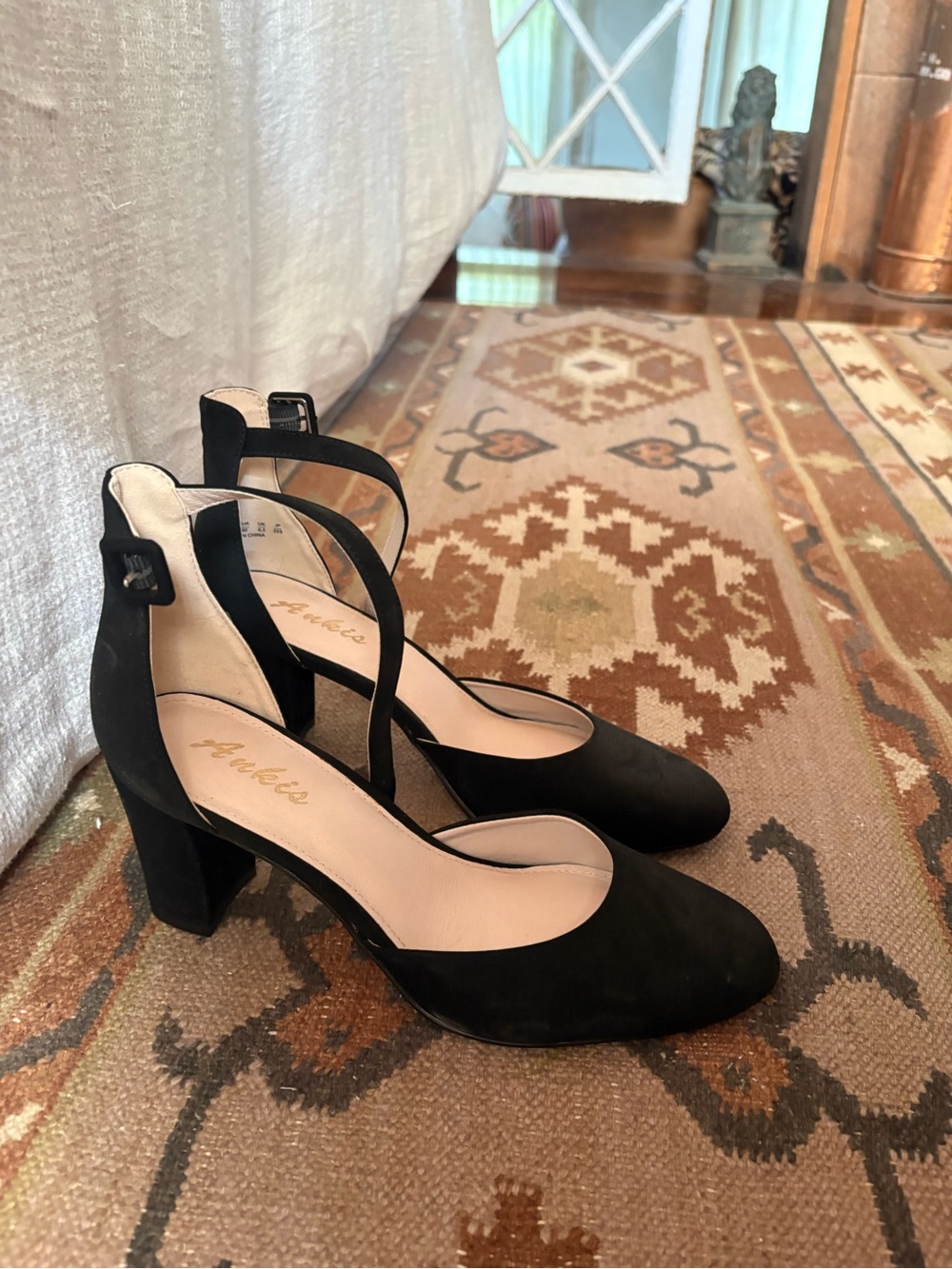 Black Suede Block Heel Ankle-Strap Pumps